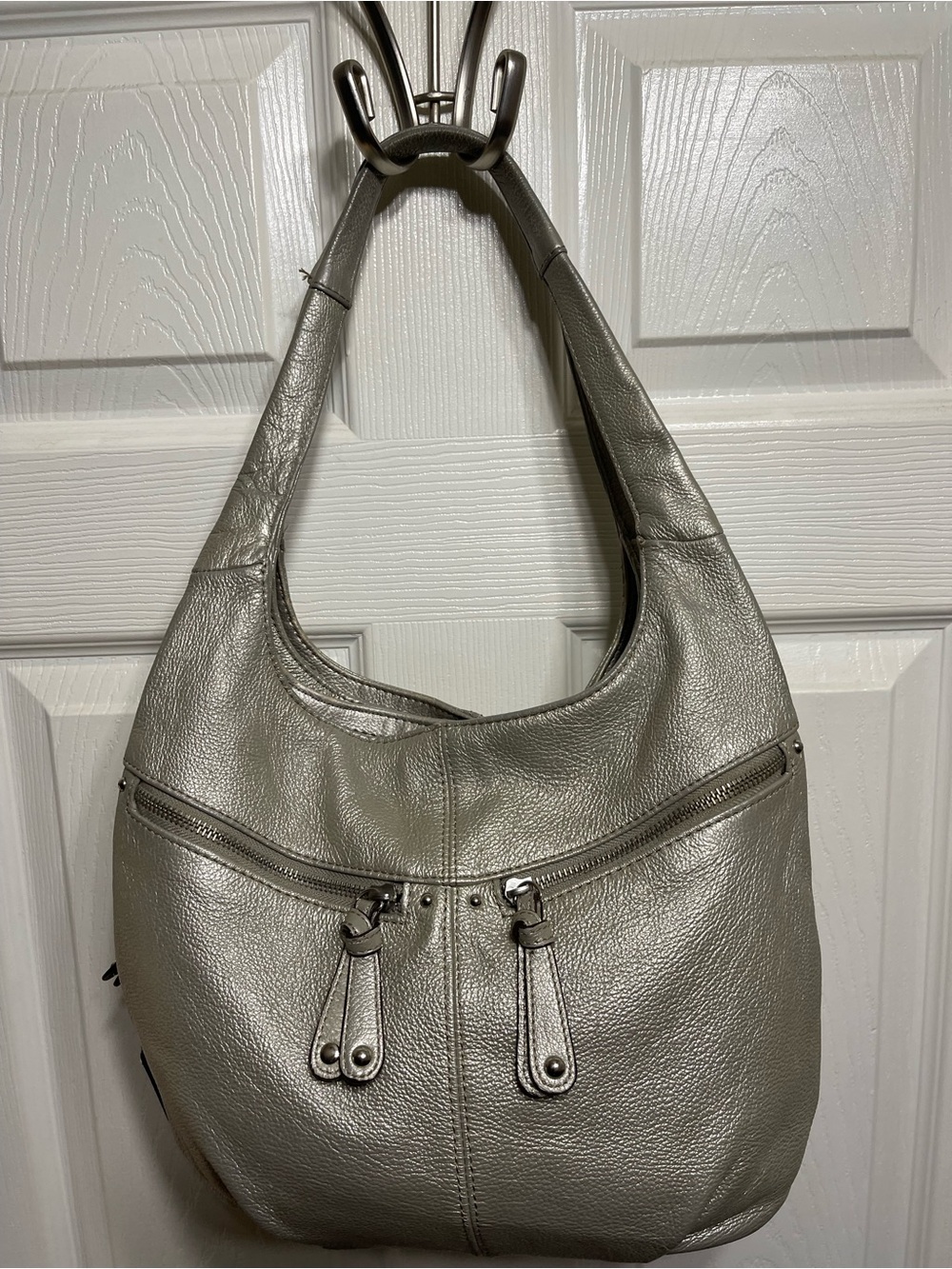 Tignanello Metallic Silver Leather Shoulder Hobo